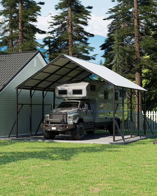 GarveeLife 20x20 ft Vertical Roof Metal Car Port, with 120° Steep-Pitch Roof for Snow Shedding, 173" High-Clearance RV & Tractor Shelter, Heavy-Duty 2 Cars Car Port with Reinforced Frame