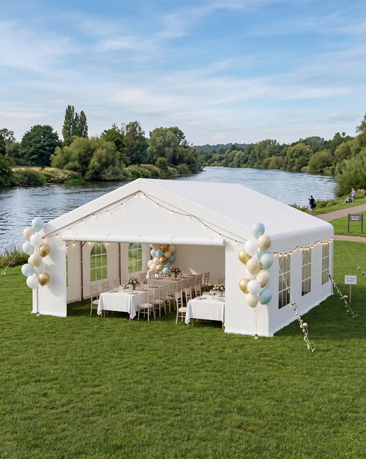 20x20 FT Heavy Duty Party Tent, Galvanized Steel Outdoor Canopy with Mesh Screen & Roll-Up Dual Doors, Waterproof Wedding Event Shelter, Removable Sidewalls & Windows