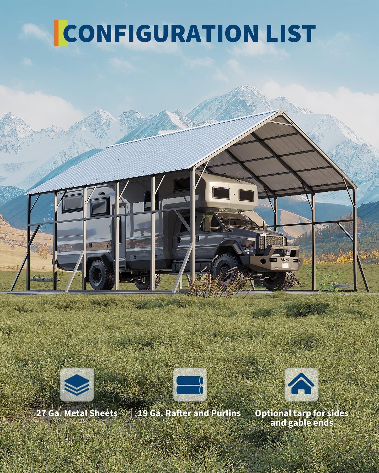 GarveeLife 20x25 ft Vertical Roof Metal Car Port, with 120° Steep-Pitch Roof for Snow Shedding, 173" High-Clearance RV & Tractor Shelter, Heavy-Duty 2 Cars Car Port with Reinforced Frame