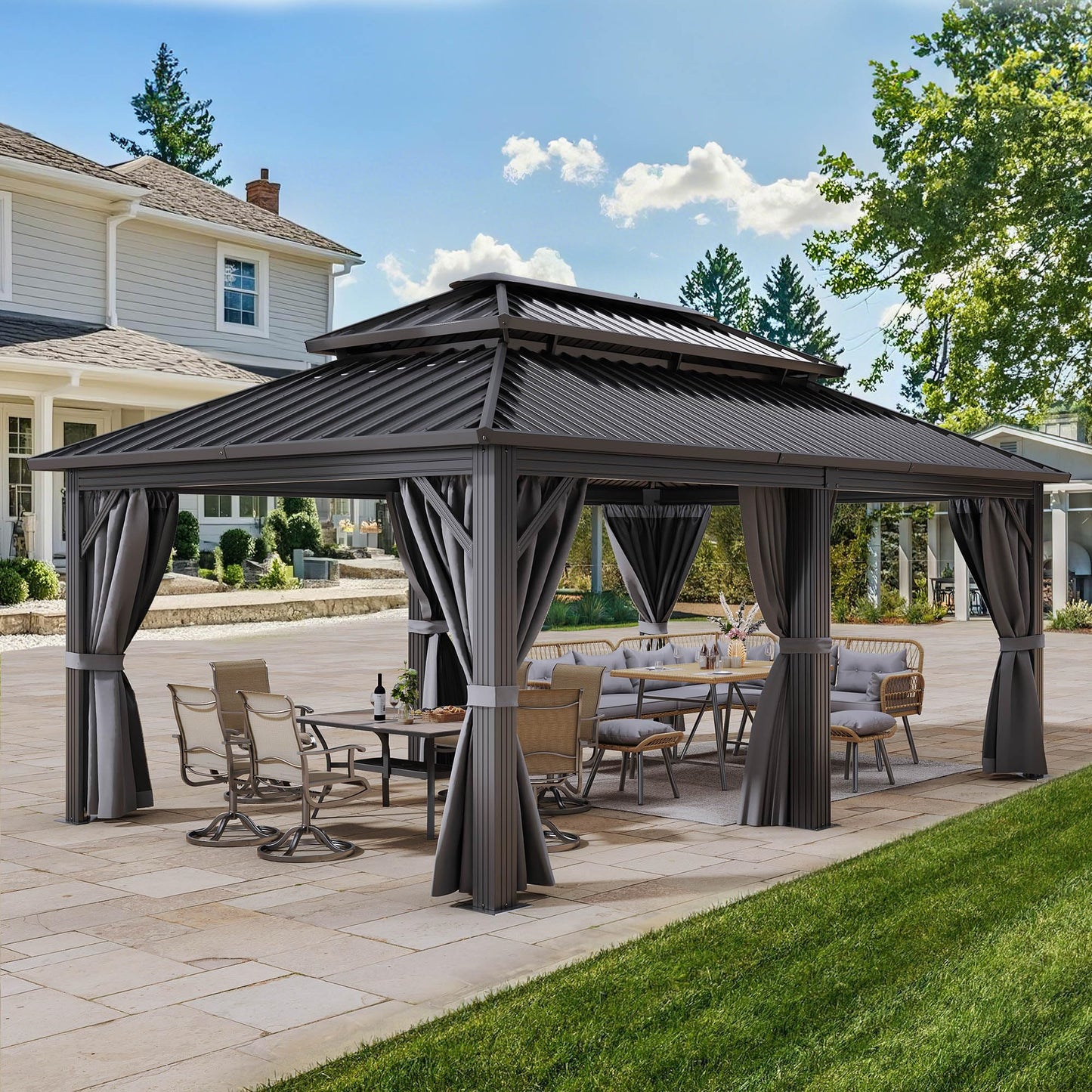 YITAHOME 12X18FT Metal Hardtop Gazebo Double Roof Canopy Galvanized Iron Aluminum Garden Gazebo Curtains Netting for Patios Backyards Decks Lawns