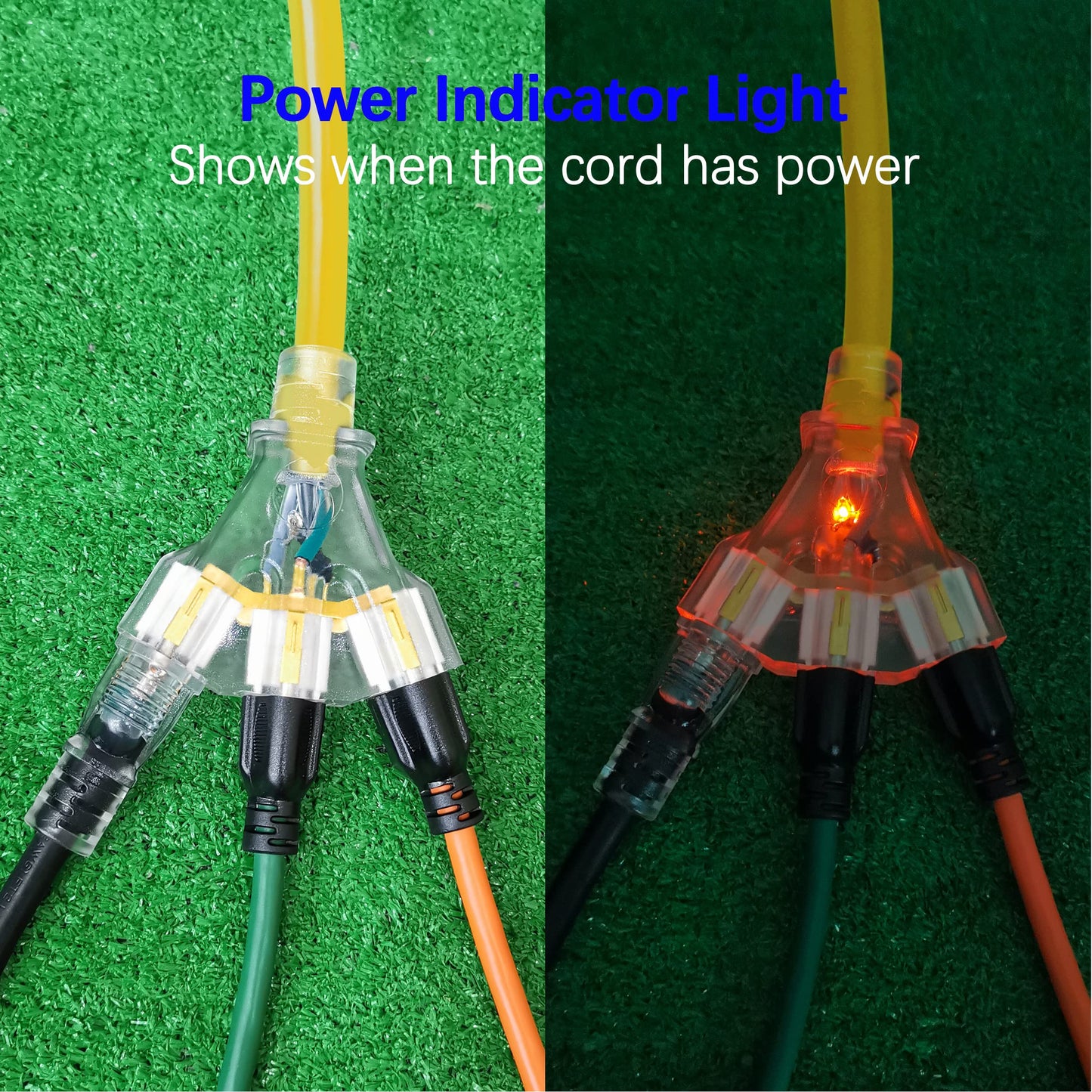Clear Power 150ft 12/3 SJTW 15amps Yellow Outdoor Extension Cord w/Power Indicator Light & 2ft 12/3 STW Yellow Outdoor 3-Outlet Adapter w/Power Indicator Light DCOC-1223-DC