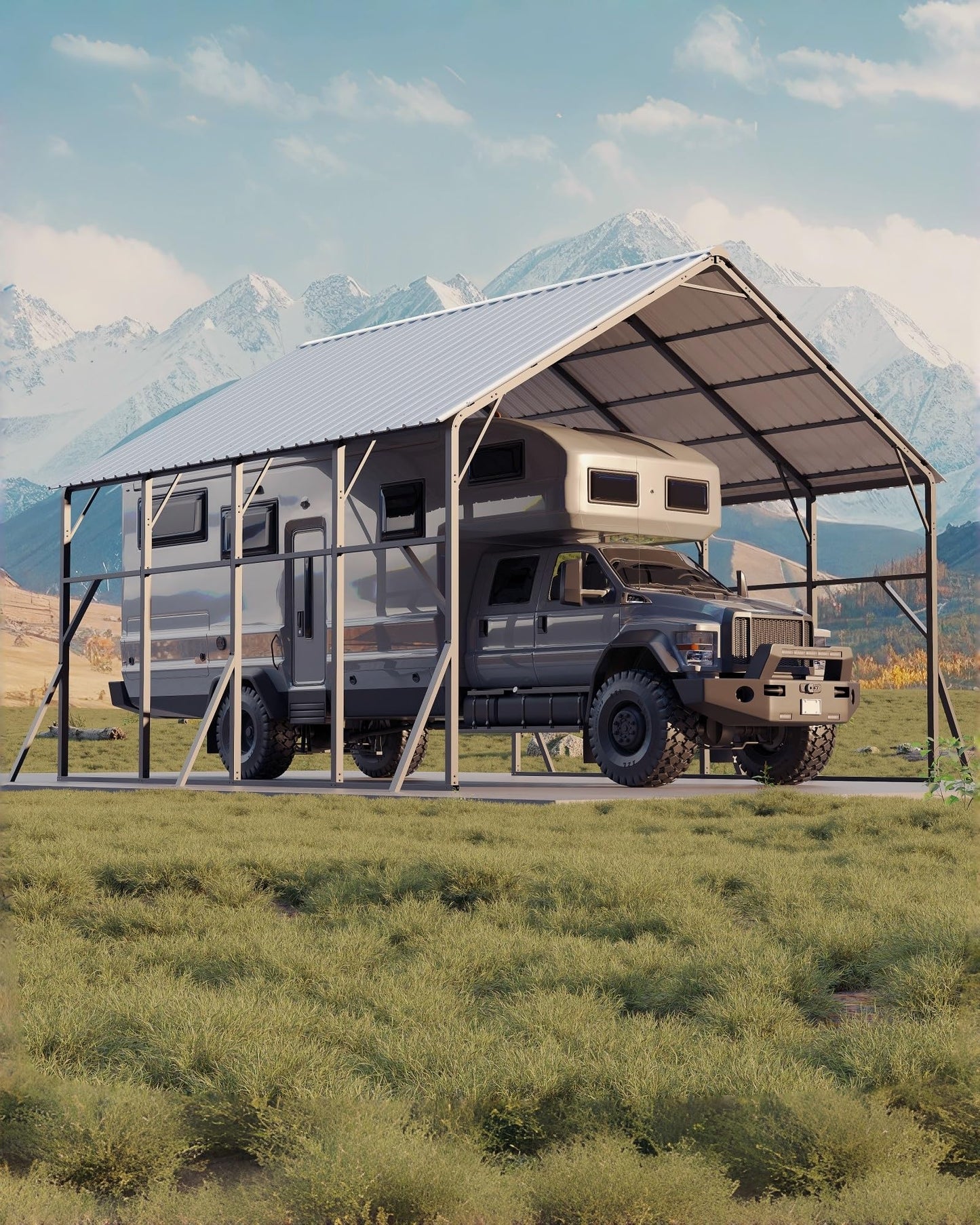 Garvee 20x20 ft Metal Carport Kit, 120° Steep-Pitch Vertical Roof for Snow Shedding, 173" High-Clearance RV & Tractor Shelter, Heavy-Duty 2 Cars Car Port with Reinforced Frame